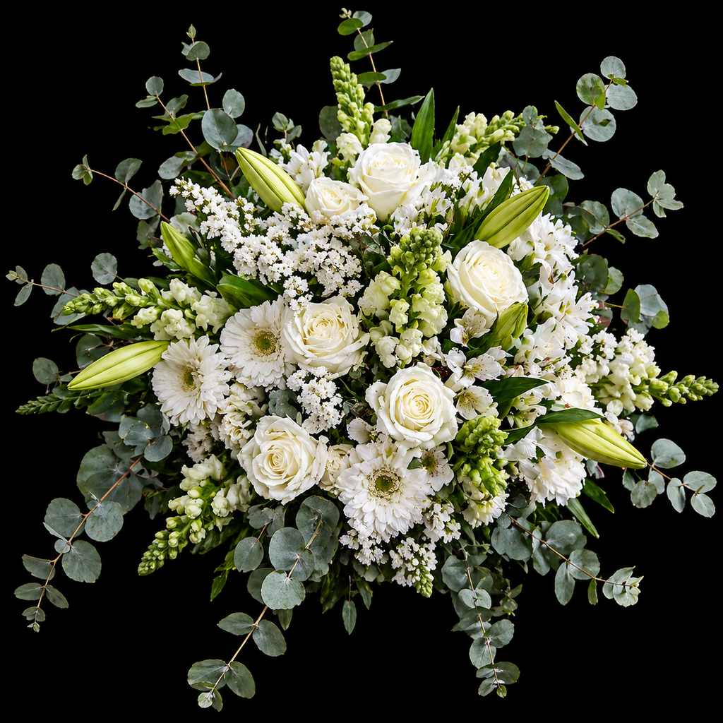 A white and green bouquet with White roses, st joseph lilies, white gerberas, white alstromeria, white snapdragons, white statice and grey pennygum.
