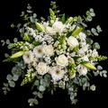 A white and green bouquet with White roses, st joseph lilies, white gerberas, white alstromeria, white snapdragons, white statice and grey pennygum.