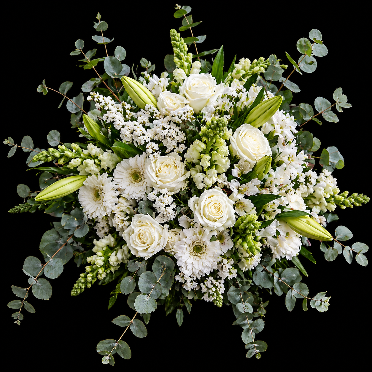 A white and green bouquet with White roses, st joseph lilies, white gerberas, white alstromeria, white snapdragons, white statice and grey pennygum.