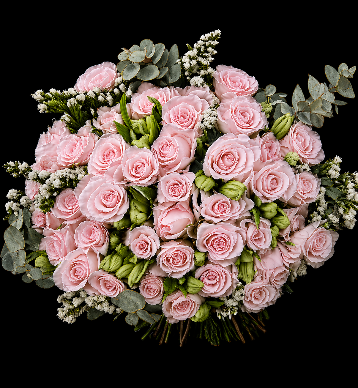 Bouquet of baby pink roses, white statice, white alstromeria and grey pennygum on a black background