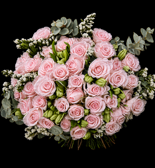 Bouquet of baby pink roses, white statice, white alstromeria and grey pennygum on a black background