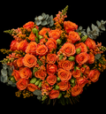 Bouquet of bright orange roses, orange snapdragons, orange alstromeria and grey pennygum on a black background