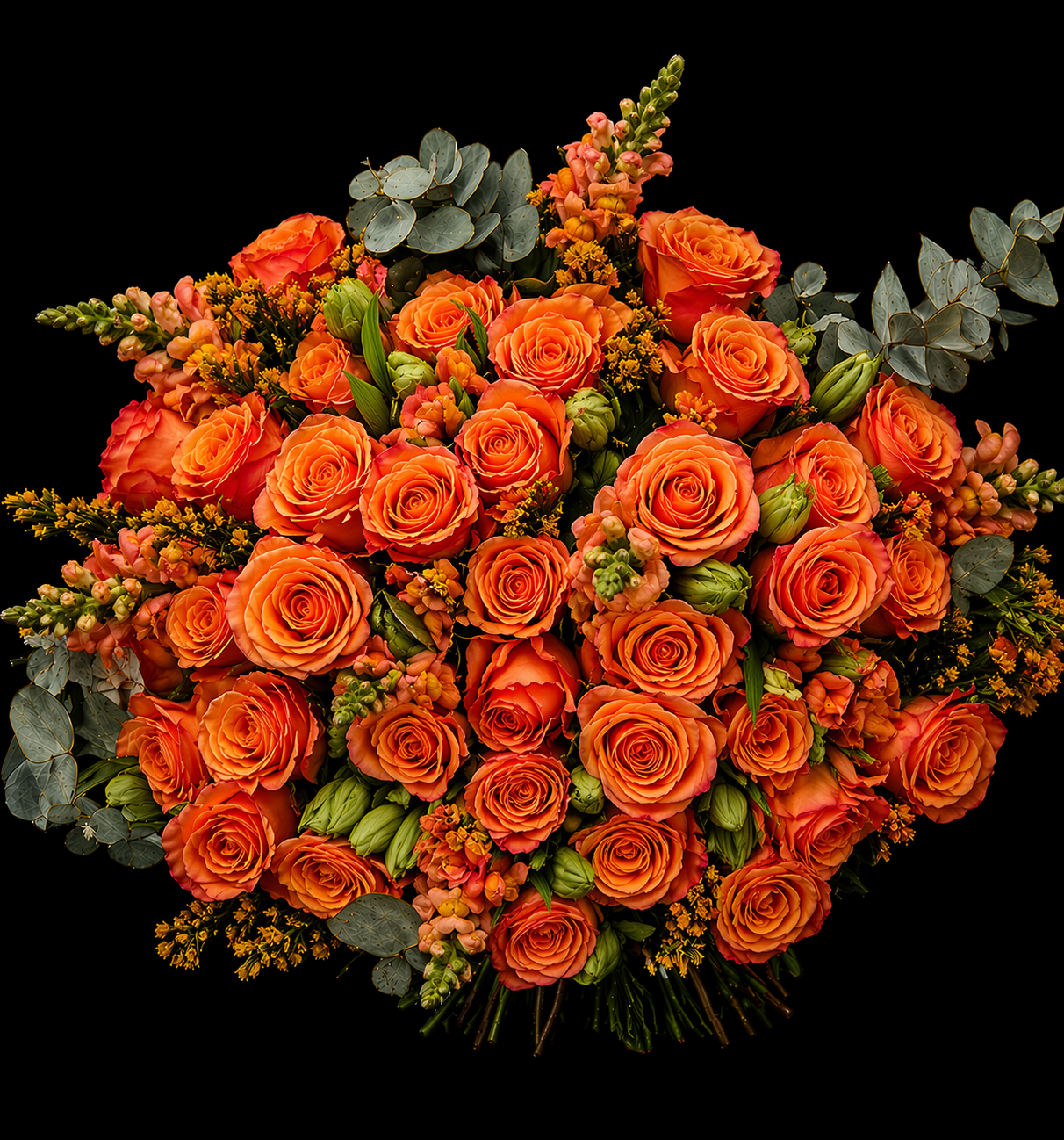 Bouquet of bright orange roses, orange snapdragons, orange alstromeria and grey pennygum on a black background