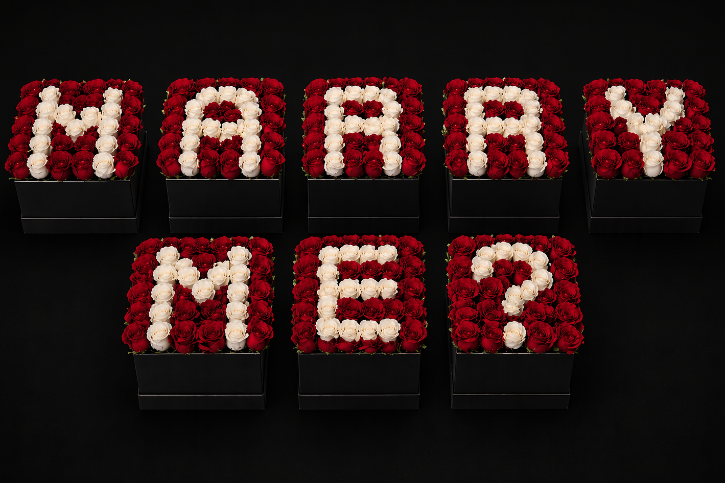 Red and white roses arranged in 8  square black gift boxes spelling 'MARRY ME?' on a black background