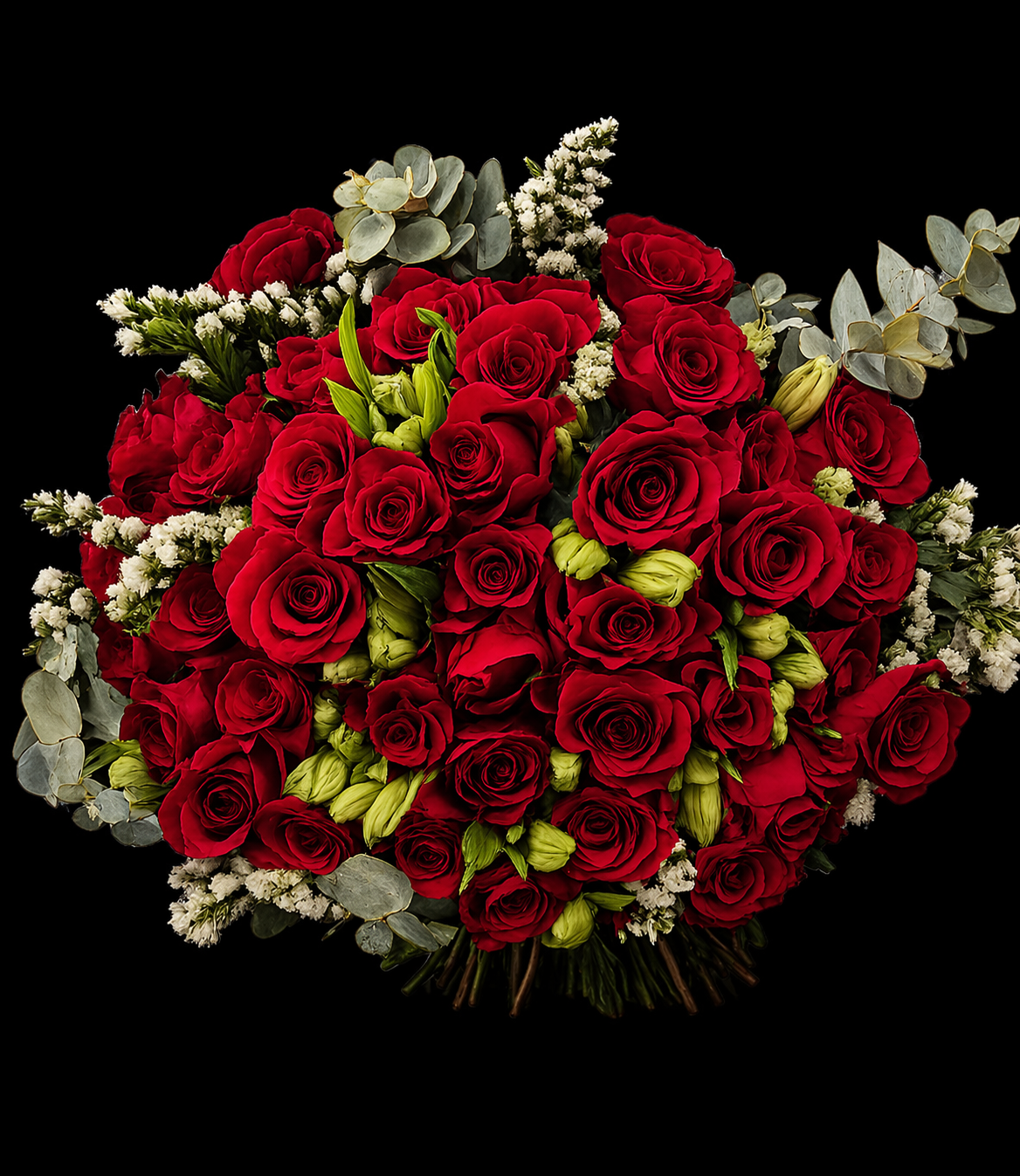 A bouquet of red roses, with white statice, white alstromeria and grey pennygum on a black background.