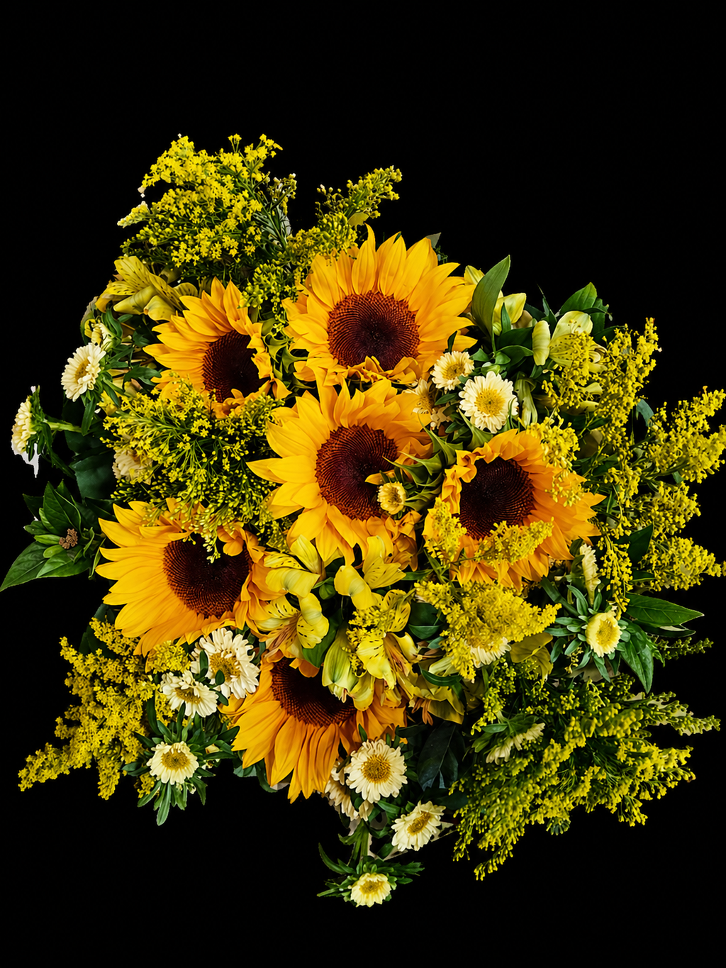 Bouquet of sunflowers, solidaster, yellow alstromeria and greenery on a black background