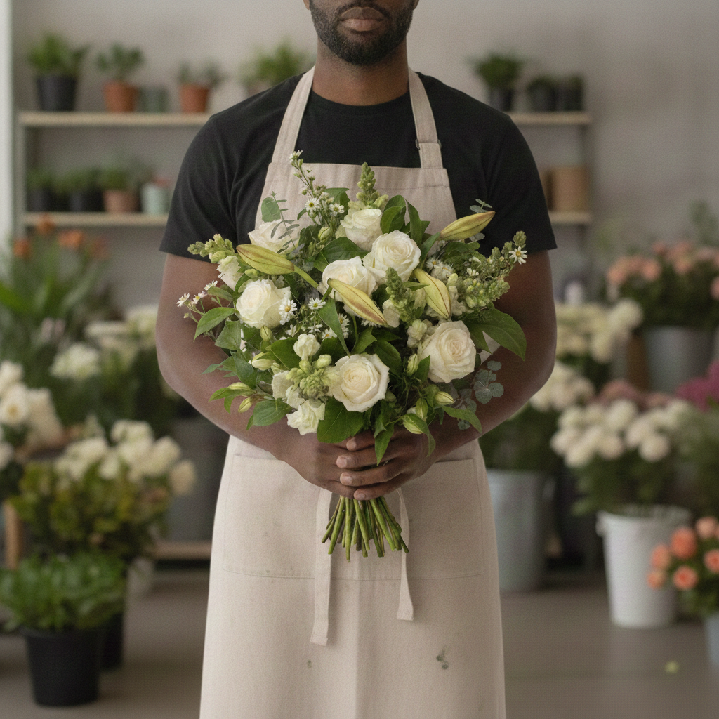 A person wearing a black t-shirt and a beige apron holds a large bouquet of white roses, white snapdragons, St joseph lilies and green foliage in a flower shop setting. By Blooms Gifts Etcetera.