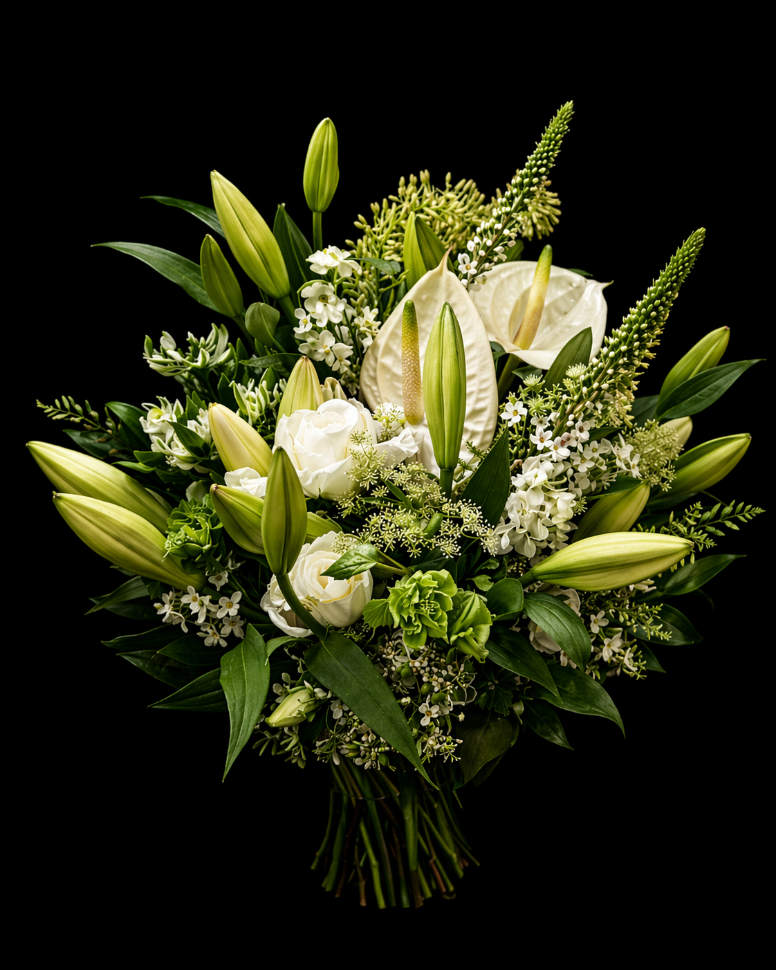 Bouquet of mixed white and green flowers including st joseph lilies, white antheriums, white lysimachia, white roses, white wax on a black background