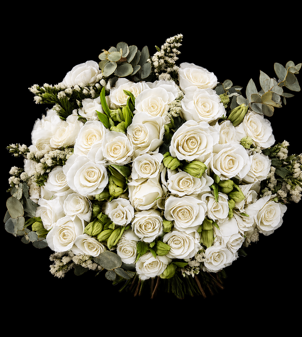 Bouquet of white roses, white statice,  white alstromeria and grey pennygum on a black background