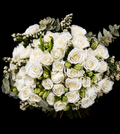 Bouquet of white roses, white statice,  white alstromeria and grey pennygum on a black background