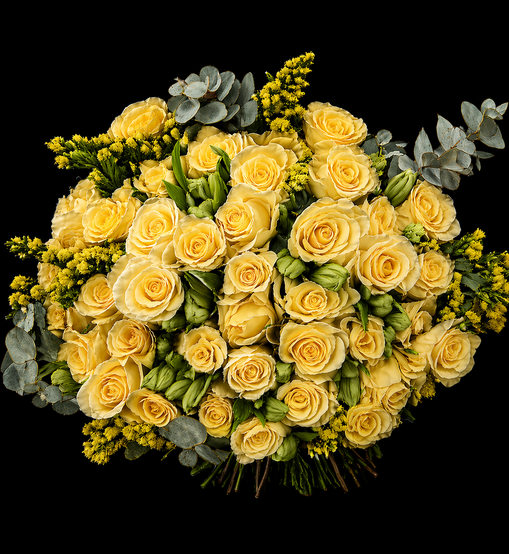Bouquet of yellow roses, yellow alstromeria, yellow golden rod, with grey pennygum on a black background