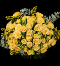 Bouquet of yellow roses, yellow alstromeria, yellow golden rod, with grey pennygum on a black background