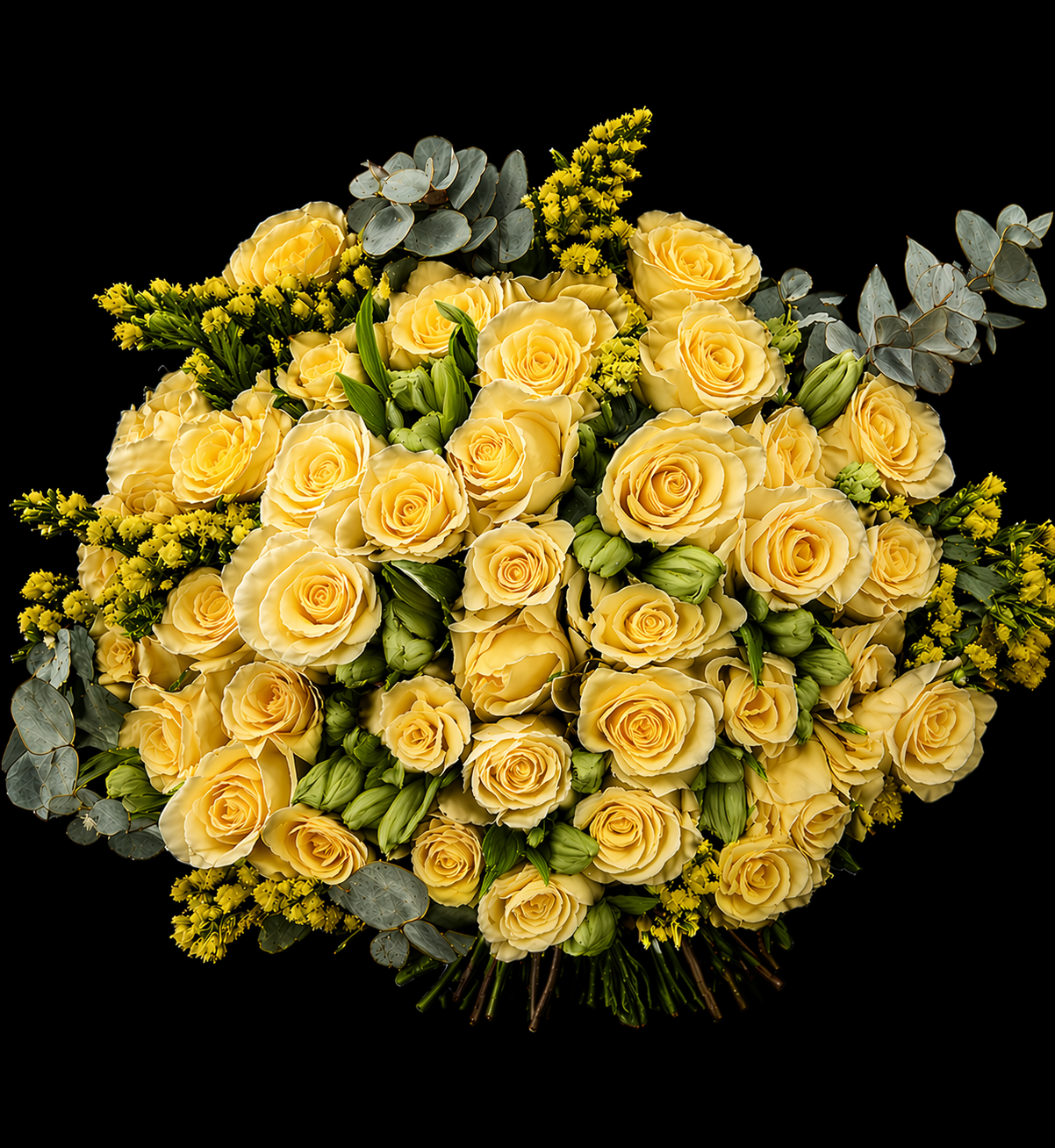 Bouquet of yellow roses, yellow alstromeria, yellow golden rod, with grey pennygum on a black background