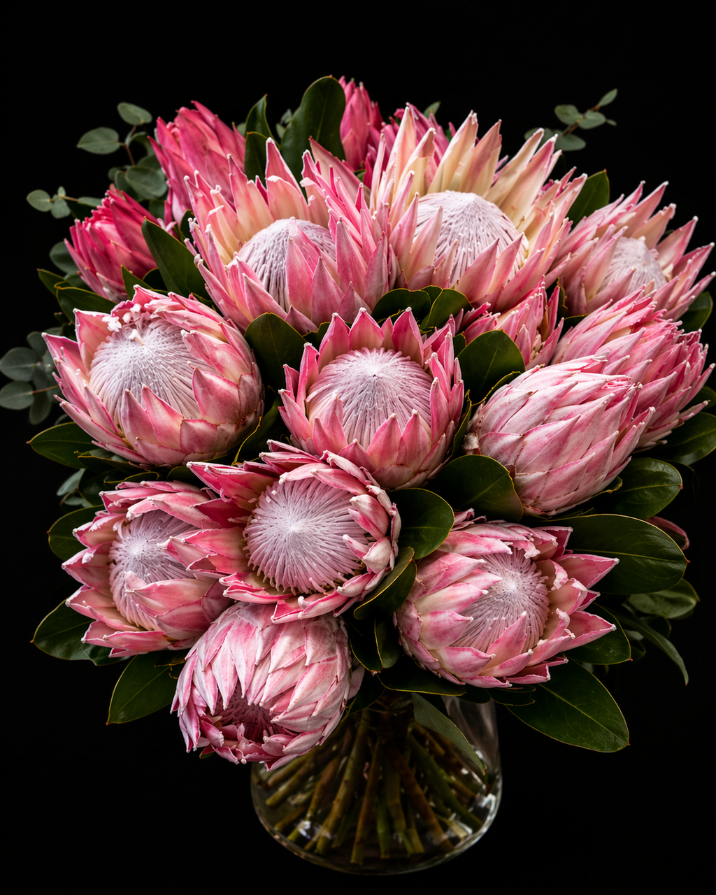 Bouquet of pink king protea flowers in a clear vase on a black background