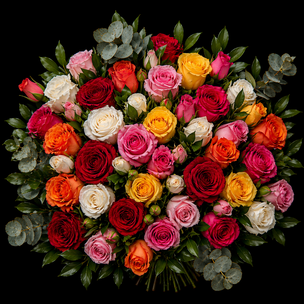 Colourful mixed roses and greenery in a bouquet, yellow roses, white roses, red roses, pink roses, orange roses and pennygum on a black background.
