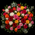 Colourful mixed roses and greenery in a bouquet, yellow roses, white roses, red roses, pink roses, orange roses and pennygum on a black background.