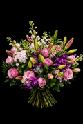 Mixed pink, pastel and mauve bouquet with pink lilies, pink stocks, mauve stocks, pink snapdragons, dusty pink roses, green ruscus and grey pennygum