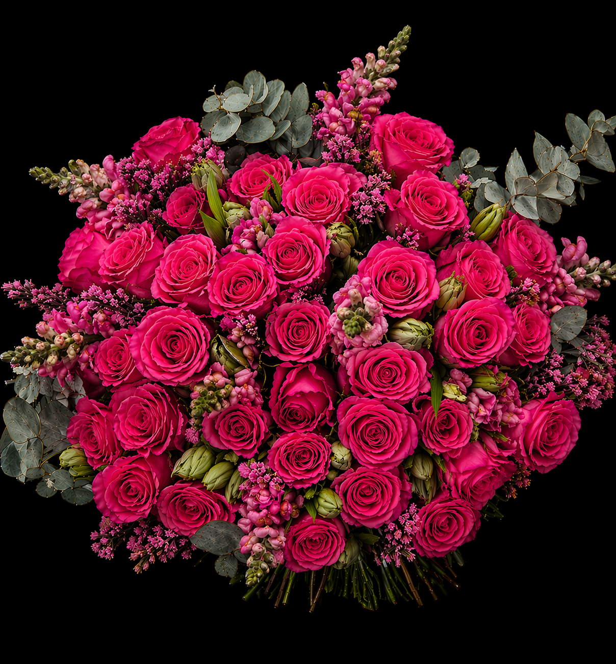 Bouquet of cerise pink roses, pink snapdragons, pink wax or erica, pink alstromeria and grey pennygum on a black background.